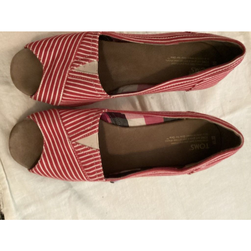 Toms Red and White Striped Peep-Toe Wedges Espadrilles Size W10